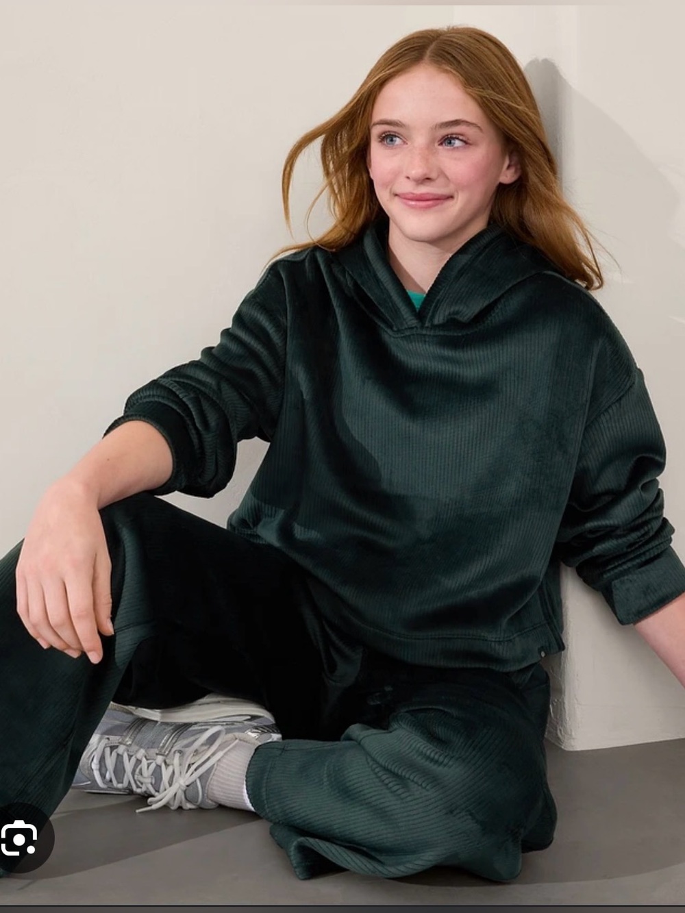 Athleta Girl Cozy Rib Velour Cropped Hoodie & wide leg Sweat pants -dark Green M